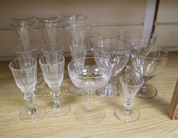 A group of four mid 19th century glass rummers, various cut glass champagne flutes etc.
